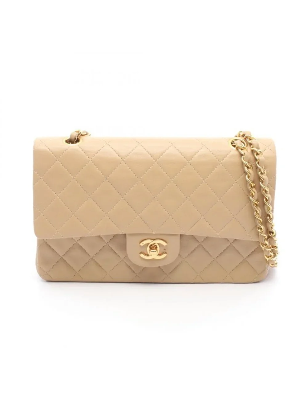Chanel Shoulder Bag Quilted Double Flap Beige Lambskin Chain